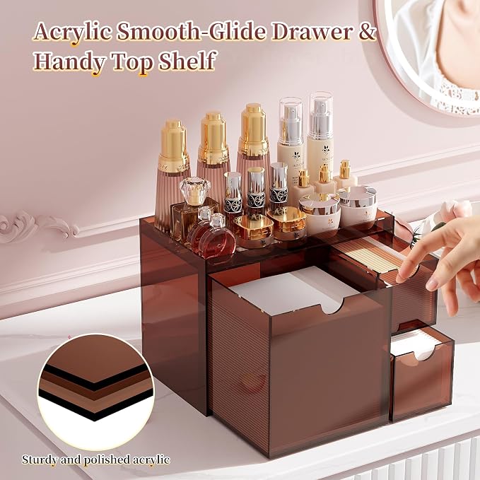 Youdepot Amber Acrylic Face Towel Holder with 3 Drawers | Disposable Face Towel Organizer for XL Facial Towels, Cotton Pads, Swabs, Skincare Tools, Bathroom Vanity Countertop