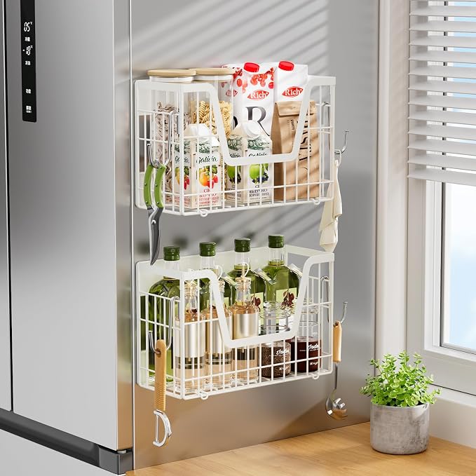 4 Pack Magnetic Shelves For Fridge, White Potato Onion Storage Bin | Magnetic Fruit Basket for Fridge Organizers and Storage, Veggie Onion Potato Wire Storage Basket for Kitchen, Pantry Laundry