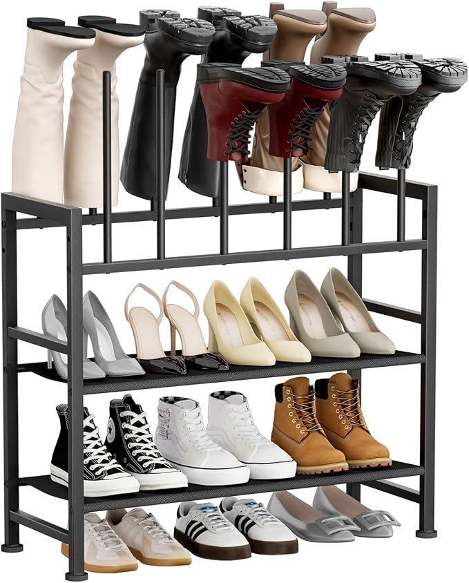 DIMJ Boot Rack 4-Tier - Black Metal Boot Storage Rack for Tall Boots Organizer Tall Boots, Multiuse Shoe Rack for Boots, Sneakers, High-Heel, Entryway, Fit for 6 Pairs, Black