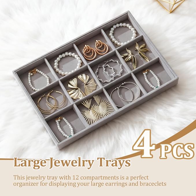 Large Stackable Jewelry Tray 4 Pack Velvet Jewelry Display Drawer Inserts Trays Organizer for Earring Bracelet Necklace Ring (Gray, 12 Grids)