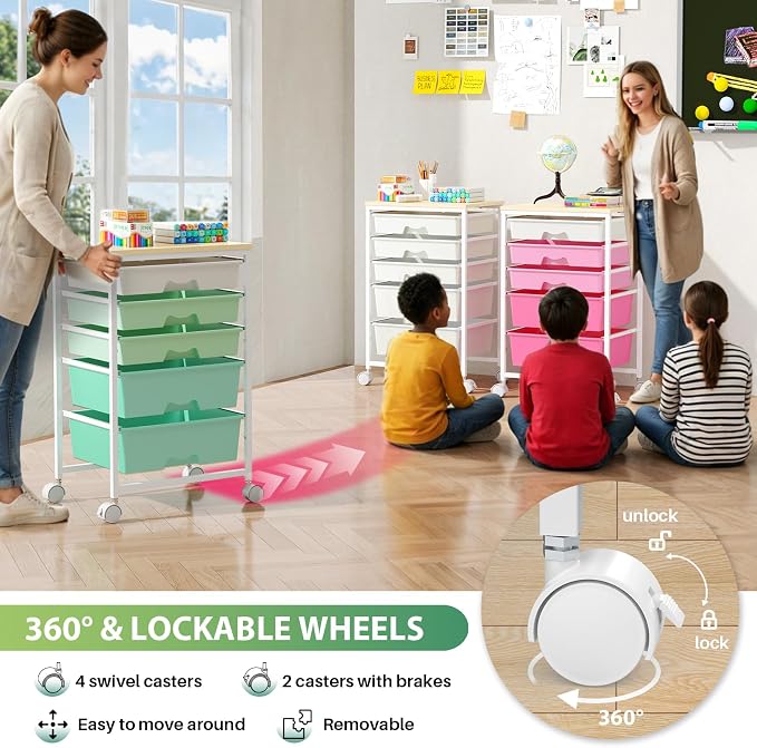Goovilla Rolling Cart with Drawers, Utility Cart Organizer With 5 Removable Drawers and Wooden Tabletop, Lockable Rolling Storage Organizer for Art, Classroom, Home, Dorm, Office, Craft Storage, Green