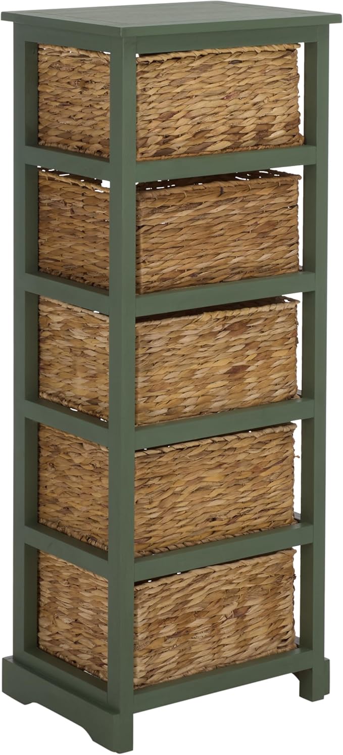 SAFAVIEH Home Collection – Vedette Dusty Green 5-Basket Storage Tower, Natural Rattan Accent Design, Fully Assembled (AMH5739J)