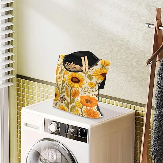 Sunflower Clothespin Organizer Bag Fashion Clothespin Storage Organizer with Large Opening Rotatable Clothespin Storage Bag Laundry Clothespin Bags, Clothespin Storage Hanger Bag