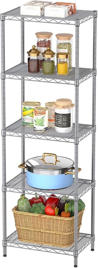 SINGAYE Metal Shelves Wire Shelving Storage Standing Adjustable Shelf Unit | 5 Tier Mesh Units Shelf for Kitchen Laundry Bathroom Closet Organizers Pantry Narrow Home Rack 10" D x 16" W x 55" H Gray
