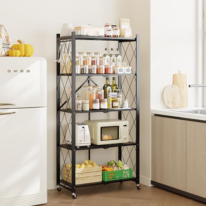 Fenbeli Foldable Shelves with Wheels - 5 Tier Folding Shelf, Collapsible No Assembly Metal Shelving Unit, Origami Storage Shelves & Rolling Storage Rack with 8 Hooks for Kitchen Pantry Garage