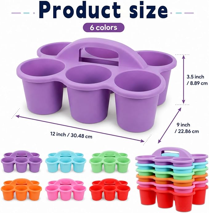 Plastic Caddy with Handle Set of 6 Classroom Caddy Organizer Cup Caddies Water Bottle Storage Crayon Caddies Plastic Cup Holder Drink Carrier for School Home Office Supplies (Rainbow)