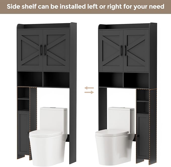 Homhedy Wooden Over The Toilet Storage Cabinet with Barn Door | Freestanding Bathroom Storage, Toilet Paper Holder, Adjustable Shelf,Space-Saving, Farmhouse Style, Black