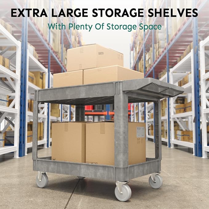 Plastic Utility Cart on Wheels, 45 x 25 Inch Rolling Service Cart-Gray | 2 Shelf Work Carts, 500 lbs Capacity Heavy Duty Tool Cart W/Tub Storage & Deep Shelve, for Warehouse, Garage, Cleaning