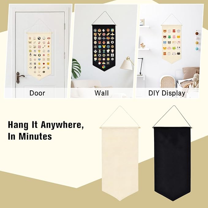 Winmany Wall Hanging Brooch Jewelry Storage Case Canvas Display Stand Enamel Pin Display Banner Holder Earrings Necklace Glitter Pin Collection Organizer (Black)