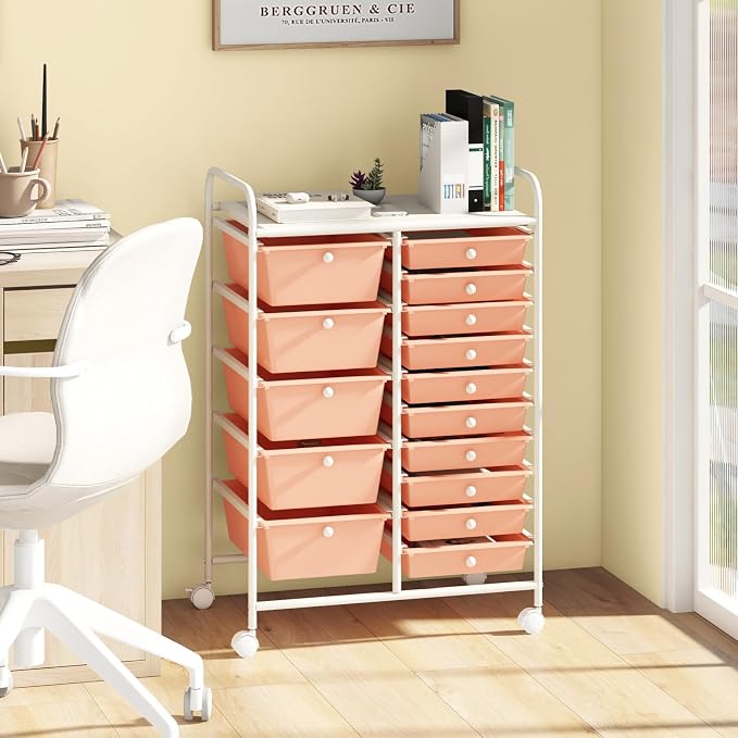 COSTWAY 15 Drawer Rolling Storage Cart, Mobile Storage Organizer | Removable Drawers & Metal Frame, Multipurpose Utility Tools Paper Organizer on Wheels for Home, Office (Peach)