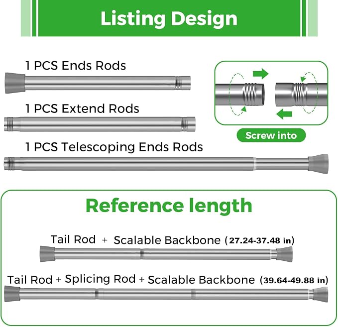 2Pack Tension Curtain Rod Silver Tension Rods 28 to 48 Inches Curtain Rods No Drilling Spring Adjustable Curtain Rod Expandable Pressure Rods for Windows