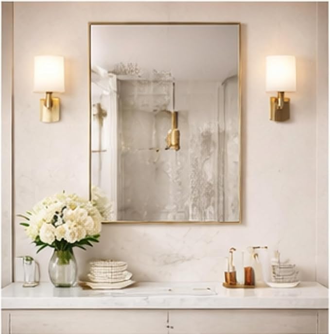 Head West Nordic Gold Stainless Steel Metal Framed Vanity Mirror, Accent Decorative Mirror for Wall Decor, Rectangle Modern Bathroom Mirror for Over Sink, Bedroom, Living Room Entryway Hallway 22"x34"
