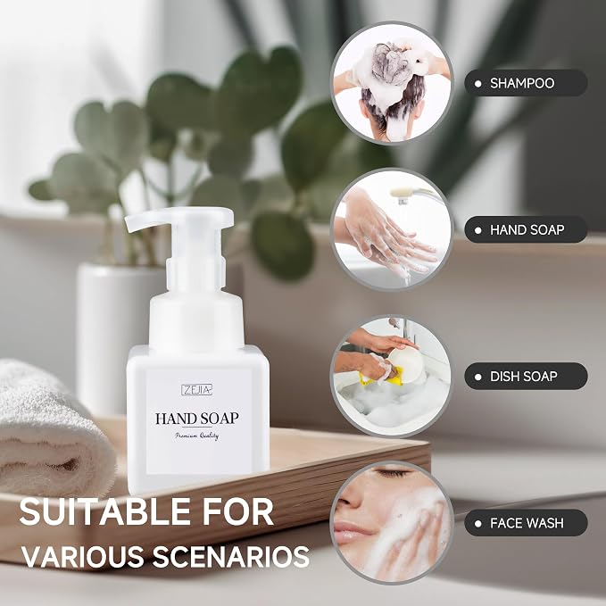 250ML Foaming Soap Dispenser, 2-Pack Plastic Hand Soap Dispenser, Refillable Leakproof Foam Pump Bottle with Waterproof Labels, for Shampoo, Body Wash