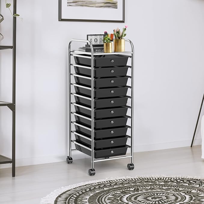 COSTWAY 10-Drawer Rolling Storage Cart, Utility Mobile Trolley | Removable Drawers & Universal Casters & 2 Brakes, Versatile Flexible Drawer Organizer Cart for Home, Office (Black)