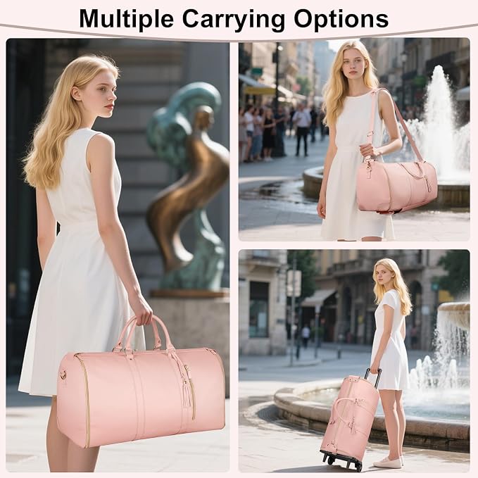 Ytonet Rolling Garment Bags for Travel, Convertible Carry On PU Leather Travel Bag 2.0 Roller Edition, 3 in 1 Suit Garment Duffle Bag with Wheels and Shoe Pouch for Business Wedding Overnight, Pink