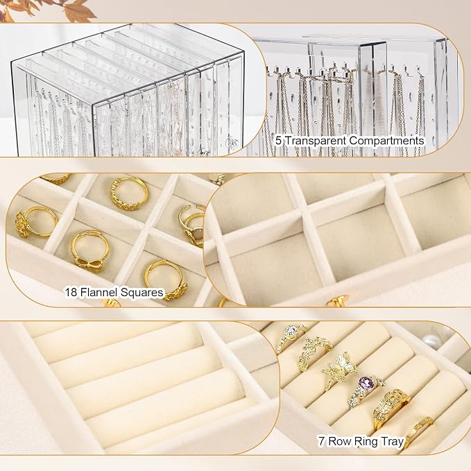 Greenfeather Jewelry Organizers and Storage, Clear Acrylic Jewelry Box with 40 Necklace Hooks 120 Pairs of Earring Holes 2 Velvet-Lined Drawers for Rings Necklaces Earrings