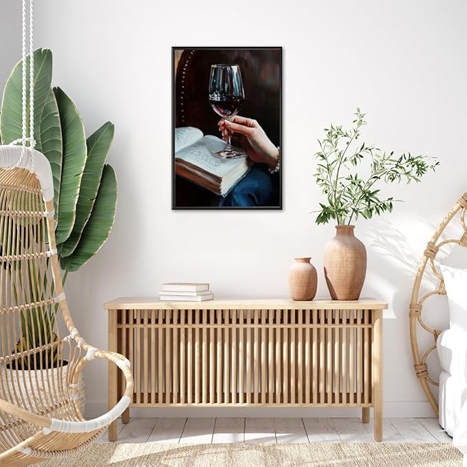 Wine and Book Girl Reading With Drink Art Aesthetic Poster Canvas Wall Art Decoration Living Room Home Decor Bedroom Decoration Poster black framed12x18inch