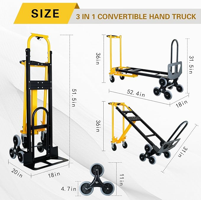 3 in 1 Heavy Duty Industrial Convertible Hand Truck Dolly,1000 LBS Capacity Aluminum Dolly Hand Truck for Stairs,Stair Climbing Hand Trucks with Rubber Wheels for Moving,Transport(Yellow)