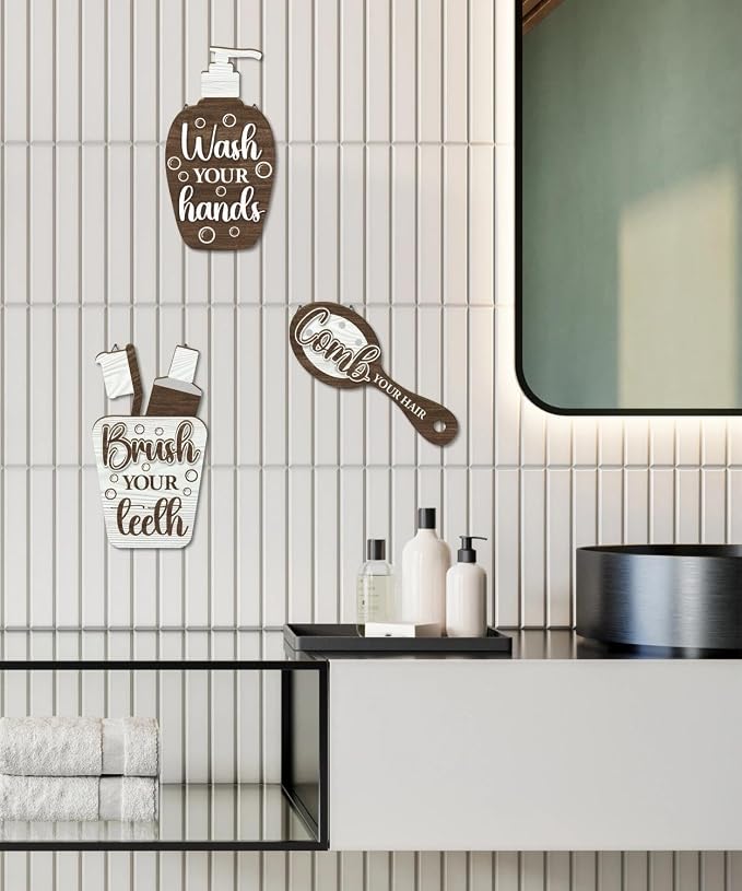 Putuo Decor Bathroom Wall Decor Sign Set Brush Your Teeth Comb Your Hair Wash Your Hands Wooden Wall Hanging for Kids Bathroom Home Restroom Decor