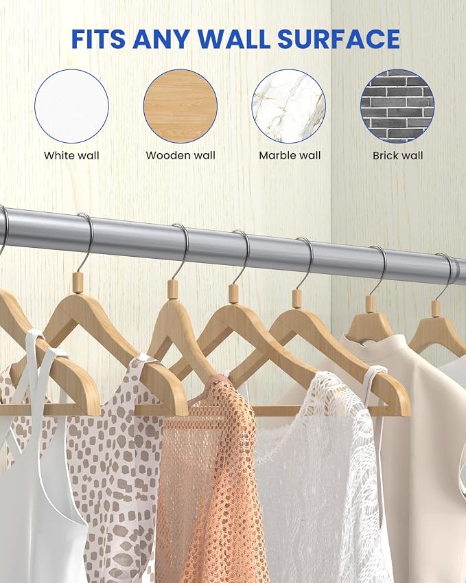 Supforce Closet Rods for Hanging Clothes, 17 to 69 Inches Stepless Adjustable Metal Closet Rod, 1.3 Inches Heavy Duty Clothes Hanging Rod for Closet Wardrobes Laundry RV, Silver