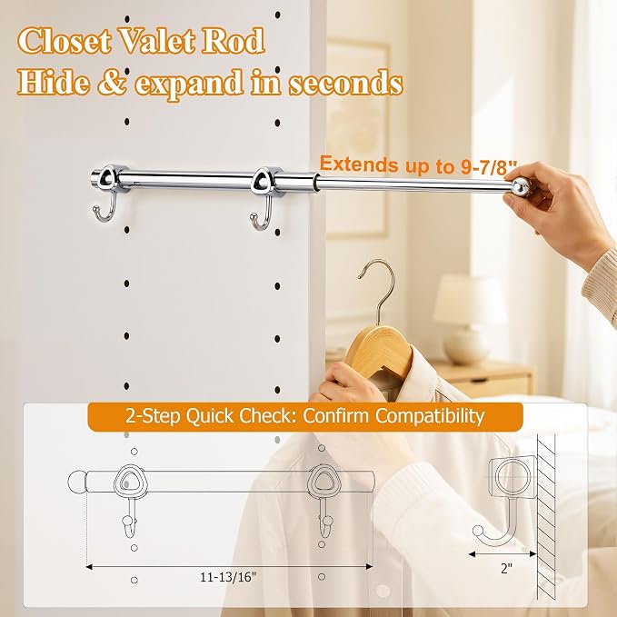 12" Valet Rod for Closets Pull Out, Closet Valet Rod Slide Out with 2 Hooks, Chrome