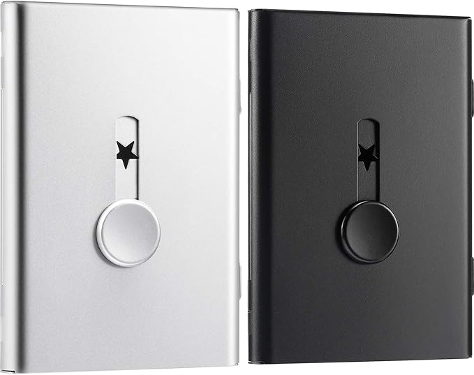 Tatuo 2 Pcs Black Silver Business Card Holder Thumb Drive Stainless Steel Business Name Card Case Portable Slide out Name Holder Wallet Nice Design Pocket for Men and Women