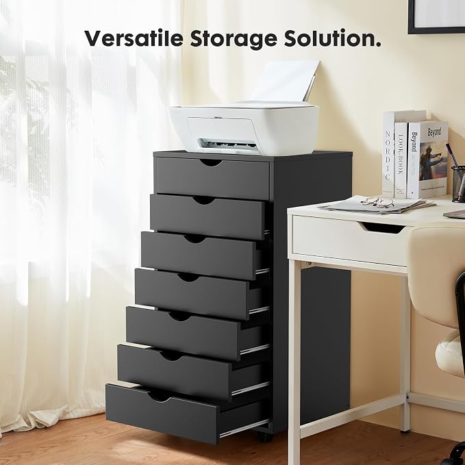 OLIXIS 7 Drawer File Cabinet on Wheels, Printer Stand | Fits Under Desks, Wood Storage Organization Holds Printer, Office Supplies, Not For Hanging Files, For Home Office Use Black