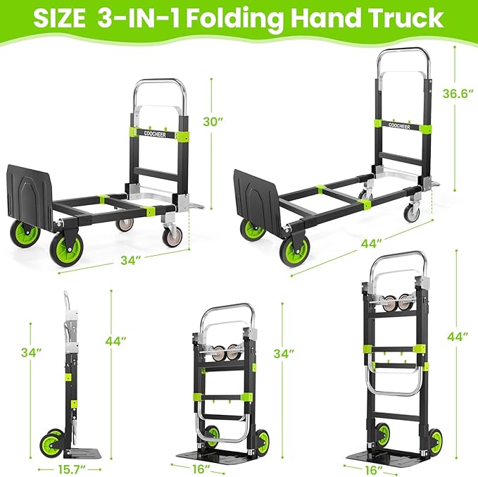 3-in-1 Folding Hand Trucks, 600Lbs Convertible Hand Truck Dolly, Heavy Duty Convertible Dolly with Retractable Handle and 4 Rubber Wheels, Collapsible Cart for Moving Office/Home/Warehous(Green)