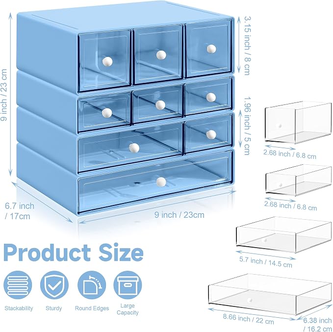 Desk Organizer with 9 Drawers, 4 Tiers Stackable Storage Drawers, Desktop Storage Box with Clear Drawers for Stationery, Makeup, Jewelry, Office and Craft Supplies (Blue)