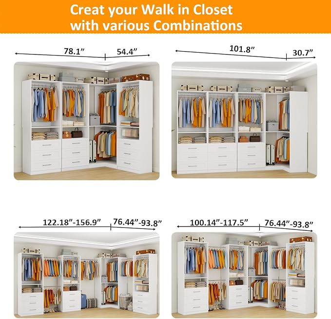 Closet System with 9 Wooden Drawers, 4.5-21.6FT L-Shaped Corner Closet Organizer System with 3 Shelves & 9 Expandable Hanging Rods, Modular Closet System for Walk in Closet, 2800+ Lbs,4 Sets