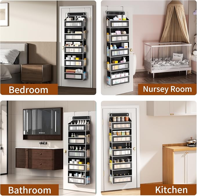 5-Tier Over The Door Organizer with 5 Large Pockets, Over the Door Storage 10 Side Pockets 44 lb Load Behind Door Storage, Door Organizer Hanging Shelf for Closet Bedroom Bathroom Nursery, Black