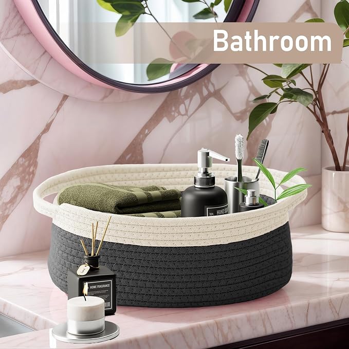 JMvicyroam Woven Basket,Small Rope Storage Bin with Handles & Ribbon Bag, Organizer for Shelves Closets,Gift Basket Empty for Birthday,Books,Dog Toys, White&Black/3 Pack