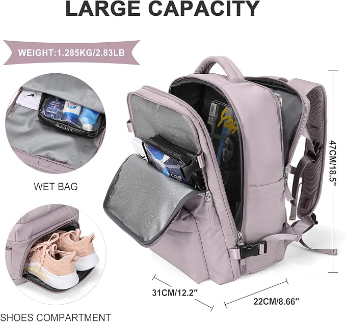 WONHOX Large Travel Backpack Women, Carry On Backpack, Hiking Backpack Waterproof Outdoor Sports Rucksack Casual Daypack with USB Charging Port Shoes Compartment, Lotus Pink