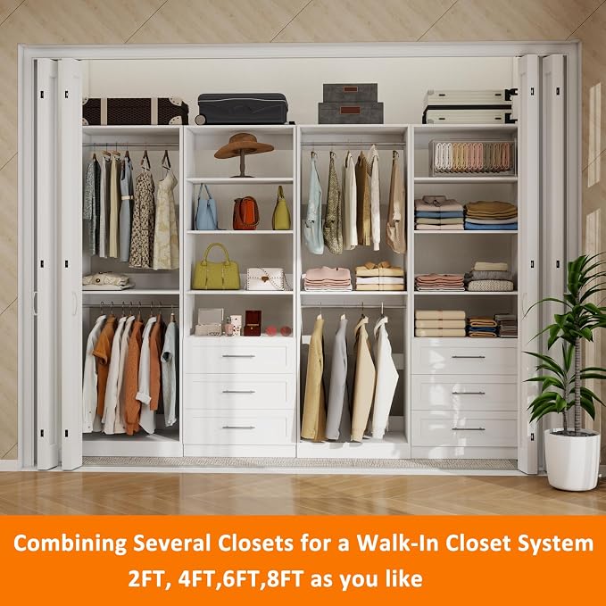 Closet System with 6 Drawers, 8FT-21FT Wooden Organizer System | 81"Tall Modular Walk In Closet System with 8 Hanging Rods&Adjustable Shevles,Standalone Closet System System, 4Set,White