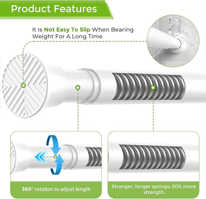 Tension Rods for Windows 30-63Inch Tension Curtain Rod White Adjustable Curtain Rod No Drilling Spring Rod for Light Shower Curtain,Doorway,Closets