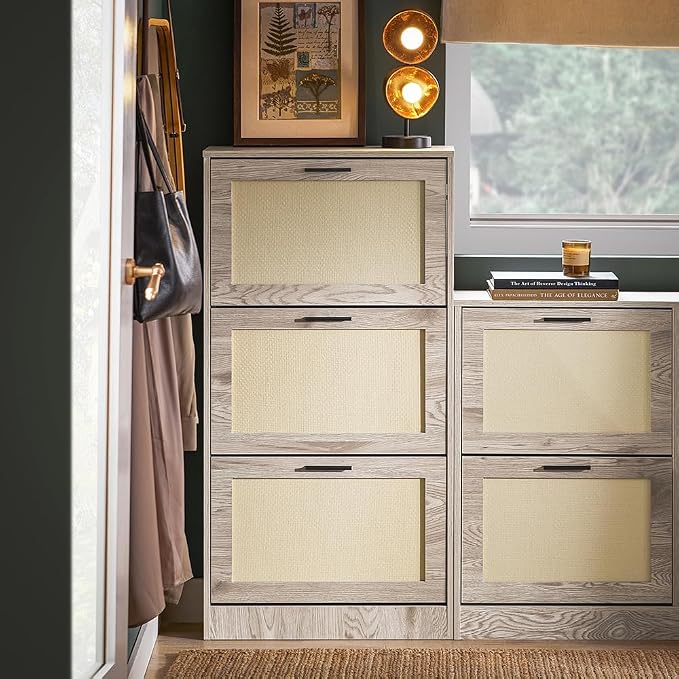 SoBuy Shoe Cabinet for Entryway | Freestanding Shoe Rack, Shoe Organizer 3 Drawers, Narrow Slim Hidden, Natural Wood Color, FSR170-H-N