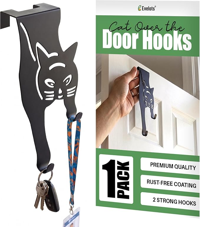 Evelots Cat Over The Door Hooks for Hanging - Black - Over The Door Organizer - Strong Metal Hooks