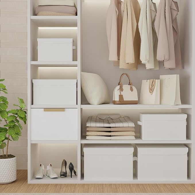 Foldable Storage Bins, Closet Boxes, 4 Pack, White, 13x9x7.9 In | Cube Organizer Basket with Flip-Top Lid and 2 Handles, Decorative Boxes for Shelves with Cover for Clothes, Towels, Blanket