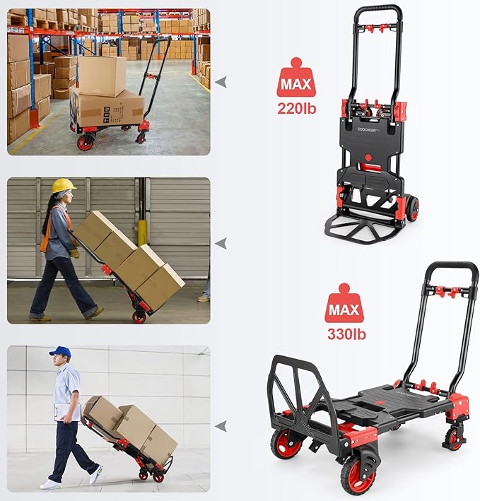330LB Folding Hand Truck Heavy Duty Carrying, Combination of Four Wheels and Two Wheels Convertible Dolly Cart with Retractable Handle Dolly for Moving Office Carts.