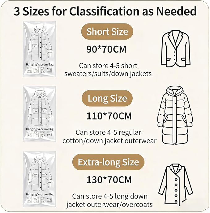 Hanging Vacuum Storage Bags for Coats, Hanging Vacuum Sealer Storage Space Saver Bags, Reusable Thickened Hanging Vacuum Bags with Hooks for Closet, for Clothes, Suits, Dresses, Coats (2S+2M+2L)