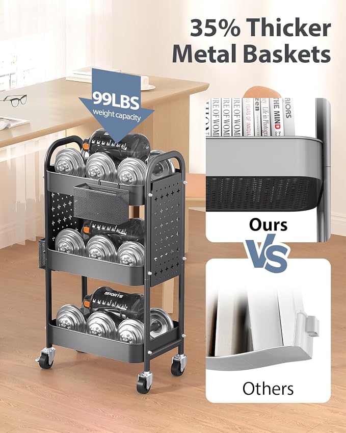 ALVOROG 3 Tier Metal Rolling Utility Cart with Pegboards,Baskets,Hooks,Gray | More Storage Craft Cart with Pegboards,Lockable Wheels,Hooks & Baskets to Organize Kitchen,Office,Bedroom and DIY Supplies