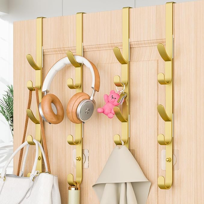 Kaiferty Over The Door Hooks, Metal Door Hooks for Hanging, Over The Door Purse Organizer for Door Coat Hanger, Back of Shower for Hanging Towel Rack Clothes, Hat, Bathroom, Closet (Gold-4Packs)