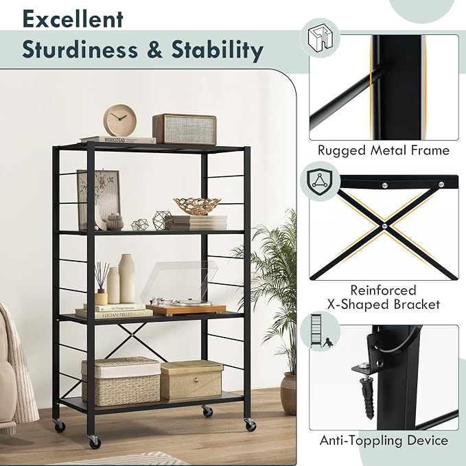 Giantex 4-Tier Folding Storage Shelf of 2, Collapsible Shelving Unit with Lockable Wheels & Adjustable Shelf, Heavy-Duty Organizer on Wheels, Storage Rack for Tool Room, Garage, Kitchen