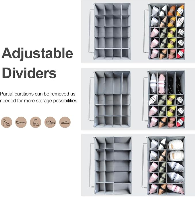 TOPIA HOME Shoe Organizer for Closet 2 Pack, Foldable Shoe Box with Adjustable Dividers and Clear Cover, Space Saving Shoe Storage Organizer Cabinet with Reinforced Handles, Fits 40 Pairs, Gray, TP11G