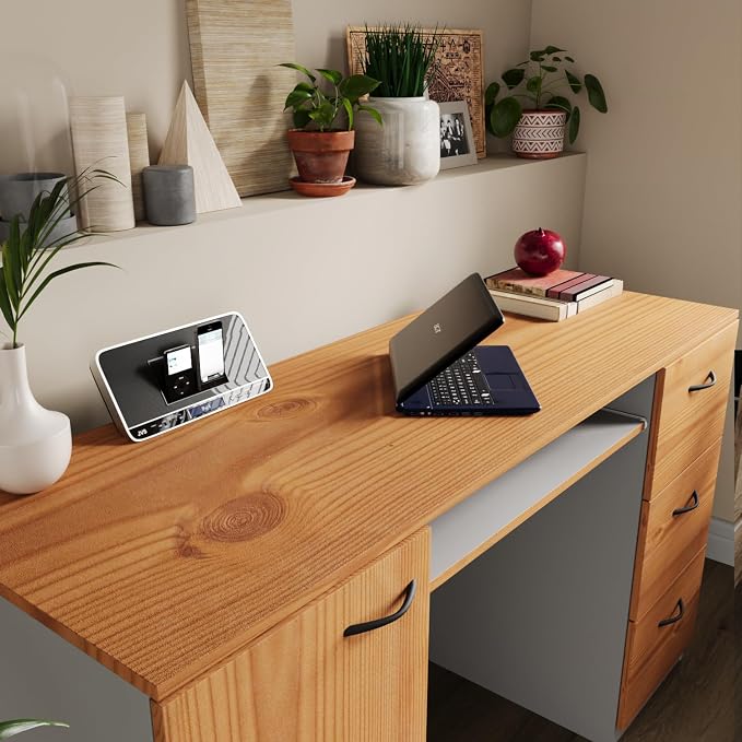 Modern Computer Desk with 3 Drawers & Storage Cabinet – Small Office Desk with Slide-Out Keyboard Tray – Professional Home Office Desk & Small Work Desk for Writing (Oak & Anthracite)