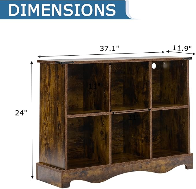 6 Cube Storage Organizer Bookcase, Long Horizontal Wood Bookshelf with Open Compartments, Multi-Purpose Cube Shelf, Hallway TV Stand for Living Room, Bedroom, Entryway, Brown