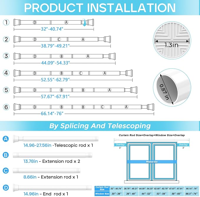 2 Pack Spring Tension Curtain Rod 32-76 inch, Adjustable Expandable Tension Curtain Rod No Drilling, Tension rods for Window Doorway Kitchen Curtain, White