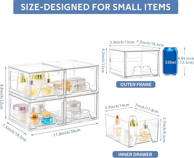 4Pack Acrylic Storage Drawers, Clear Stackable Storage Drawers, Acrylic Storage Bins with Drawers for Fridge Organizers, PlasticDrawers Stackable for Makeup Organizers Cosmetic Display