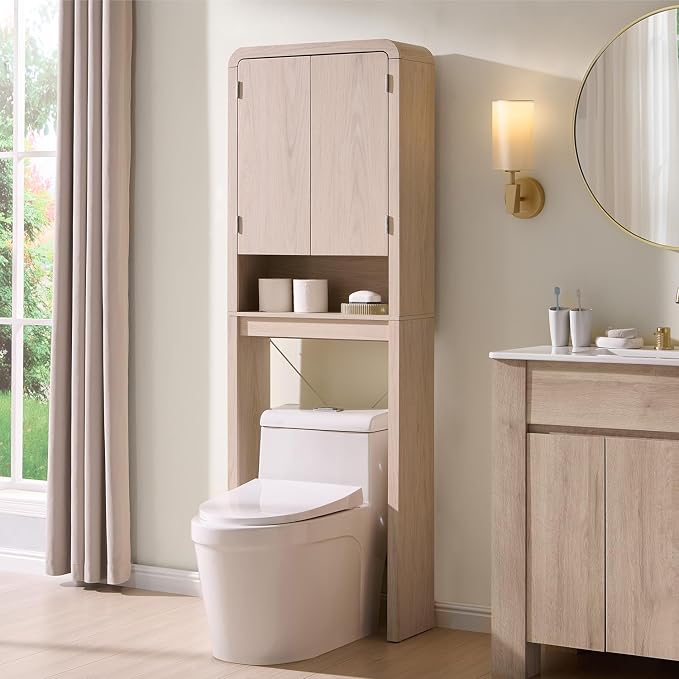 Over the Toilet Storage Cabinet, 69.69" Curved Bathroom Storage Organizer Cabinet with Doors and Adjustable Shelves, Wooden Free Standing Toilet Space Saver Rack, Cream