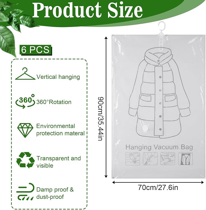 6 Pack Hanging Vacuum Storage Bag, 35.4 x 27.6 inch Hanging Vacuum Sealer Storage Space Saver Bags, Reusable Space Saver Bags, for Suits, Dresses, Jackets, Clear
